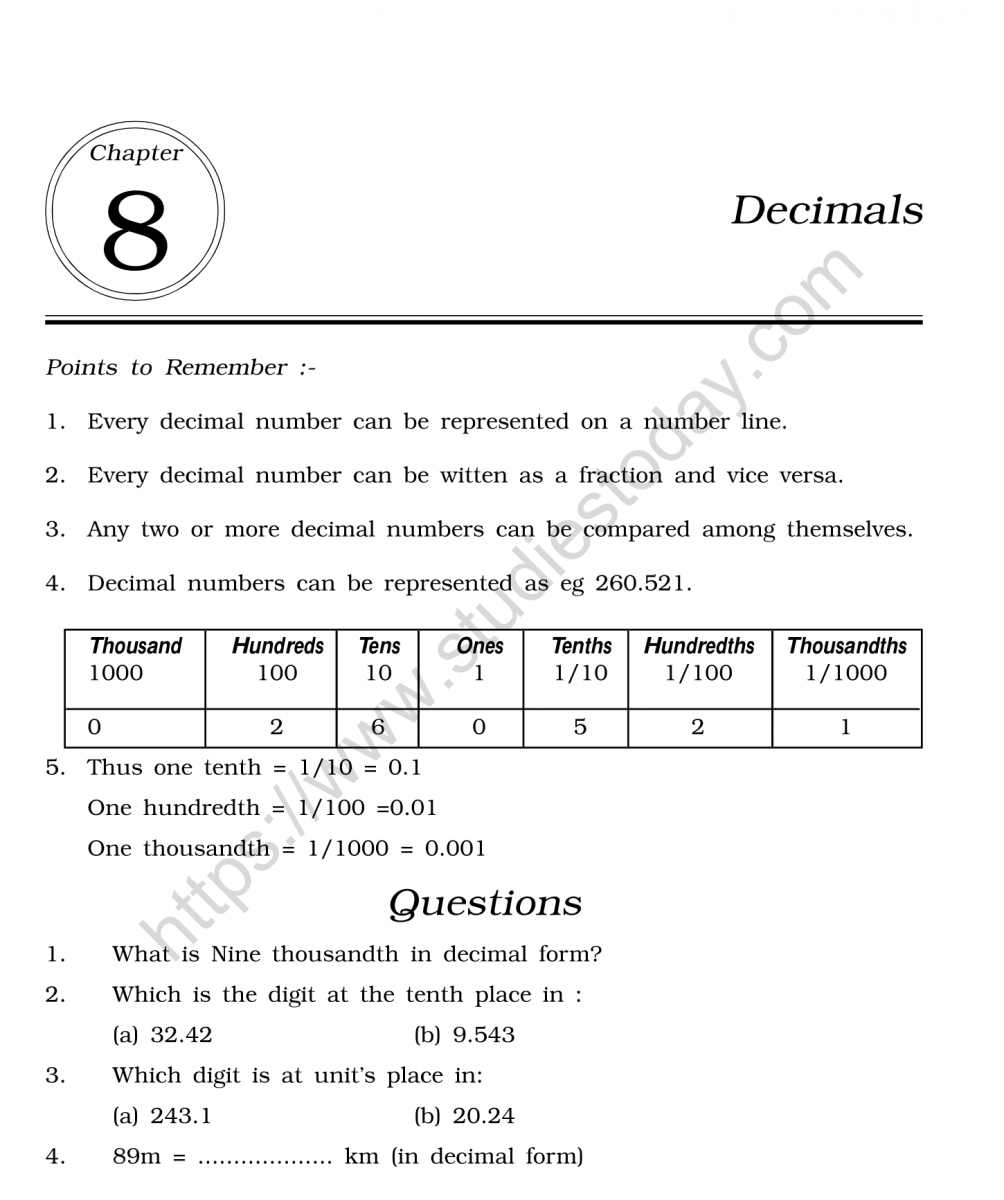 CBSE Class 6 Mental Maths Decimals Worksheet