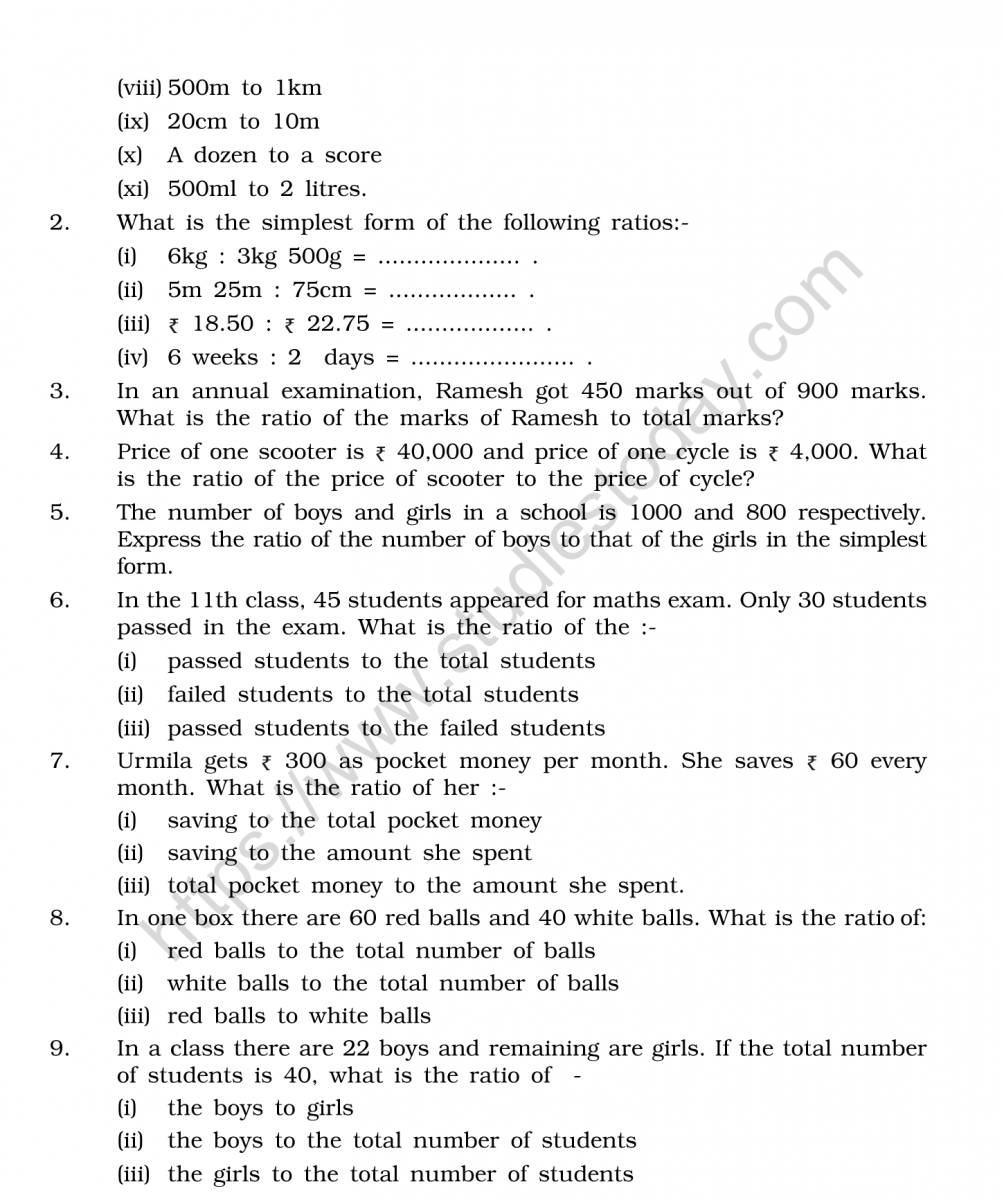 CBSE Class 22 Mental Maths Ratio And Proportion Worksheet Intended For Ratio And Proportion Worksheet