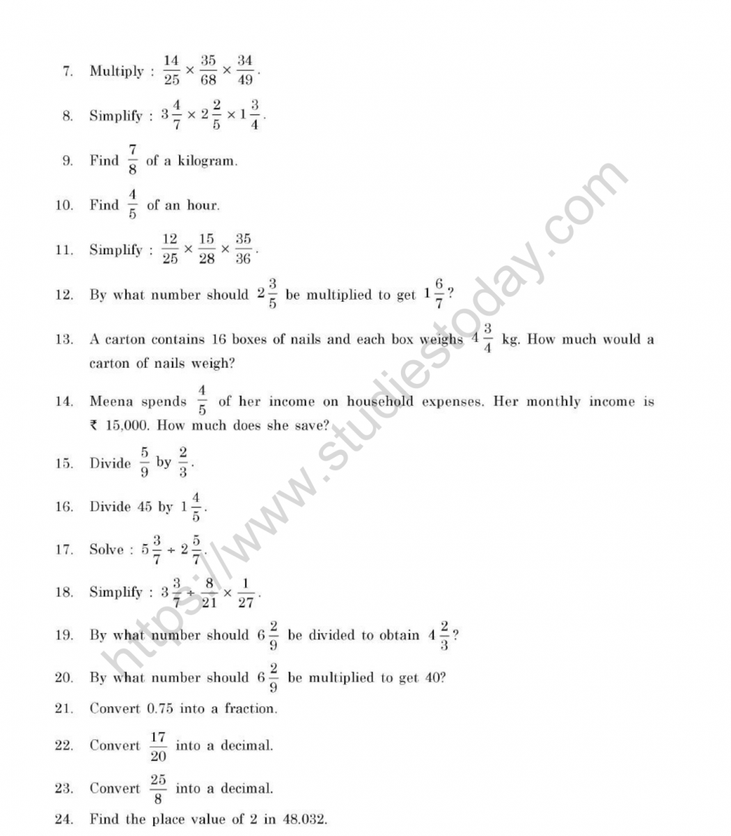 CBSE Class 7 Mental Maths Fractions And Decimals Worksheet