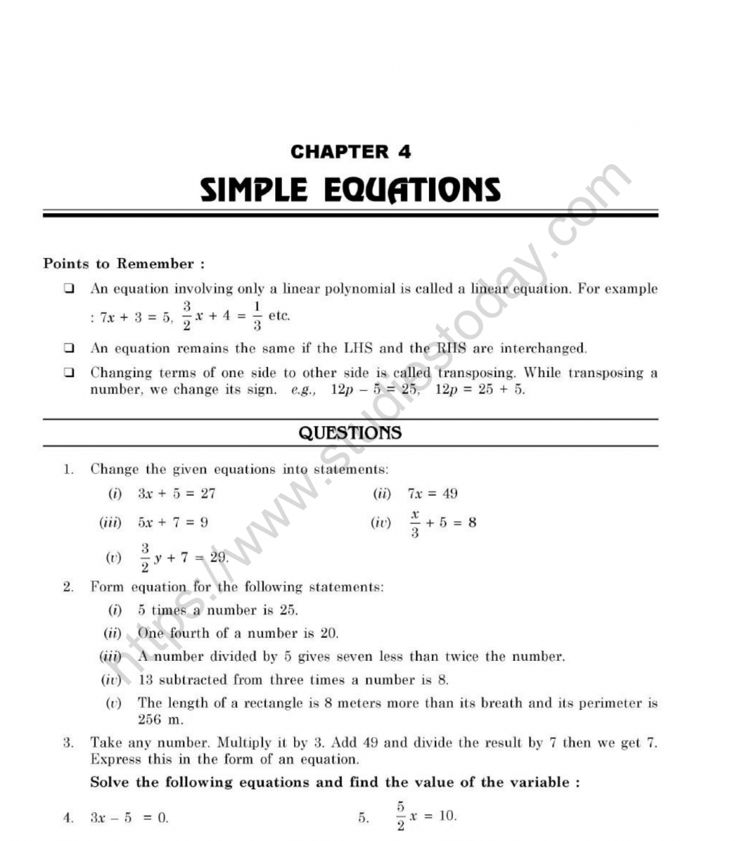 CBSE Class 21 Mental Maths Simple Equations Worksheet With Solving Linear Equations Worksheet Pdf