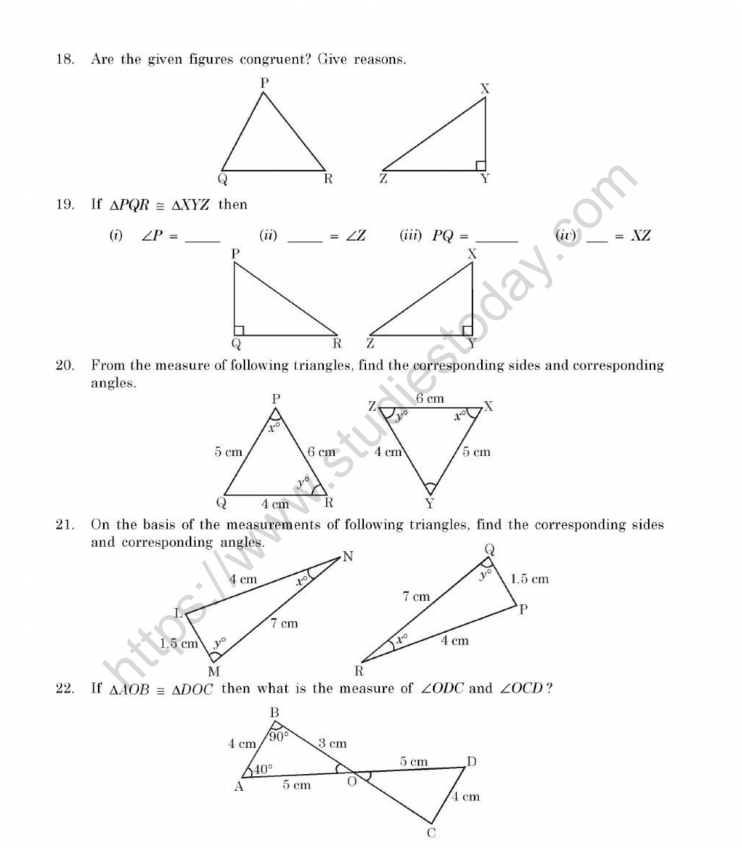 CBSE Class 22 Mental Maths Congruence Of Triangles Worksheet For Geometry Worksheet Congruent Triangles Answers