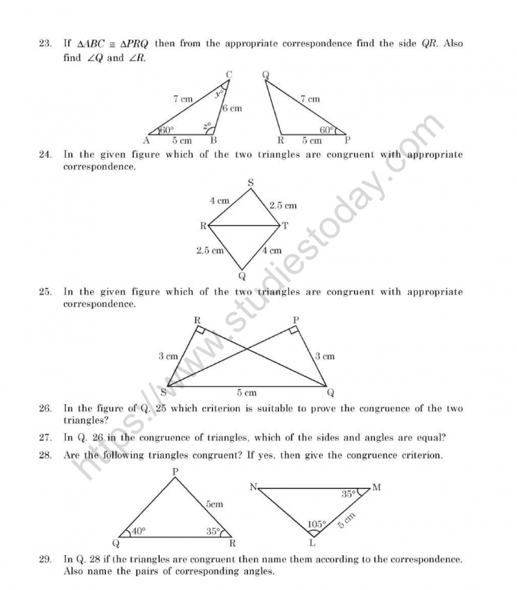 CBSE Class 21 Mental Maths Congruence Of Triangles Worksheet With Regard To Triangle Congruence Practice Worksheet