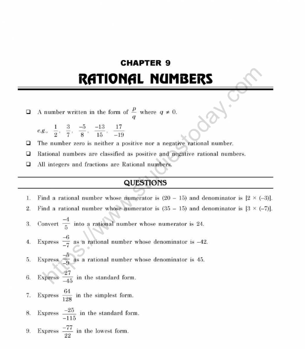 CBSE Class 22 Mental Maths Rational Numbers Worksheet With Ordering Rational Numbers Worksheet