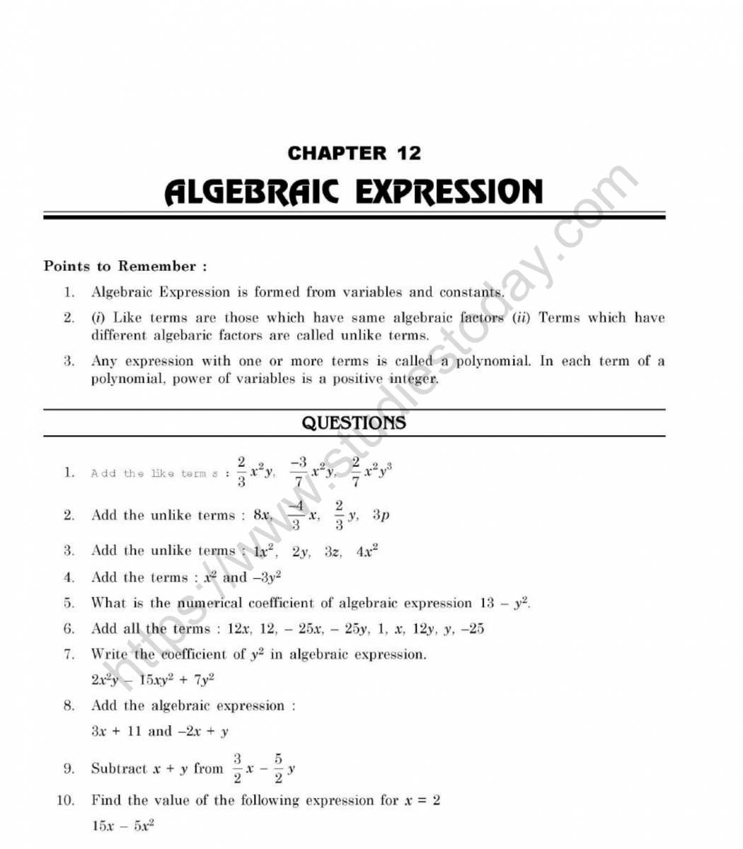 CBSE Class 23 Mental Maths Algebraic Expression Worksheet For Algebraic Expressions Worksheet Pdf