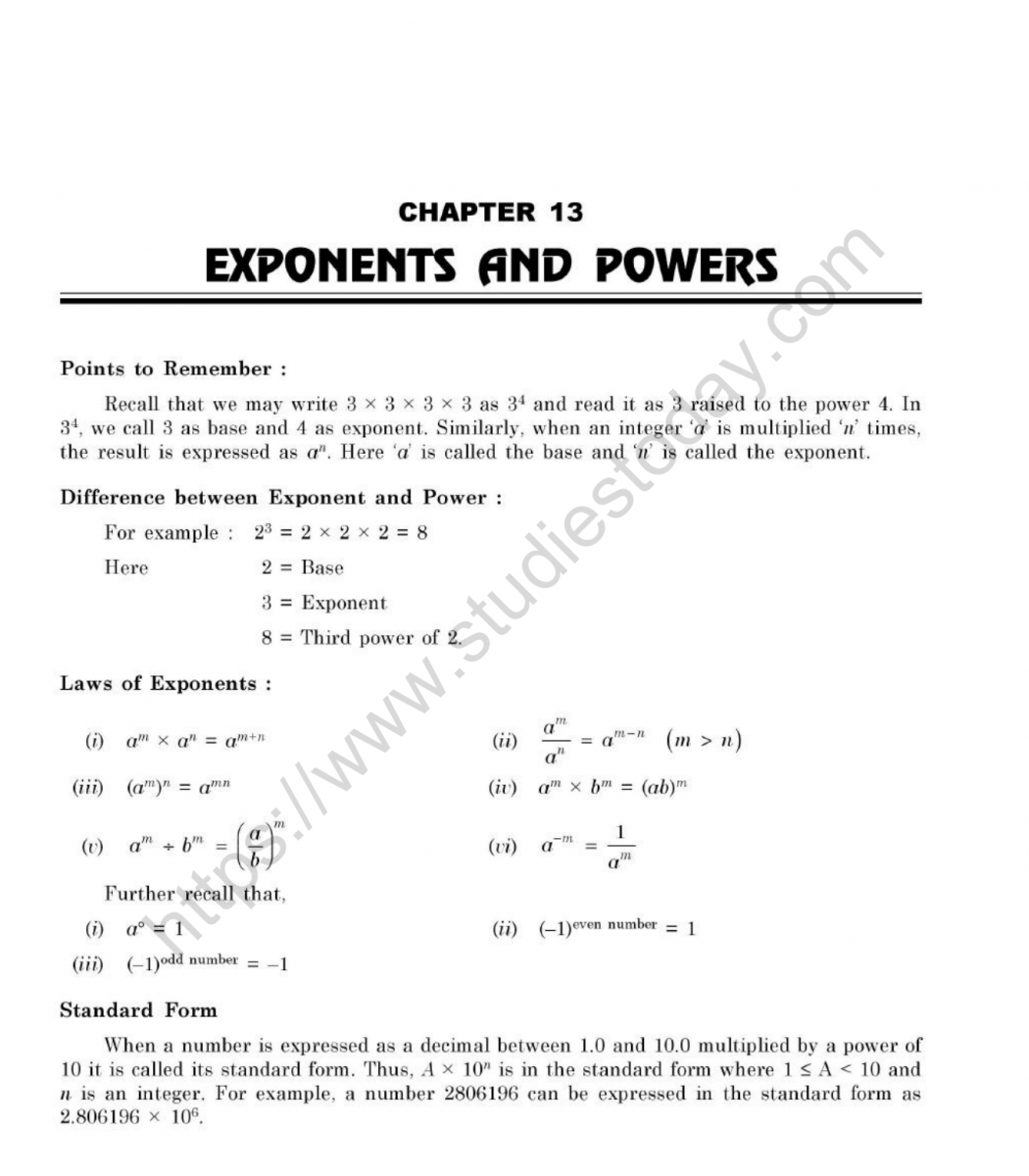 CBSE Class 7 Mental Maths Exponents And Powers Worksheet