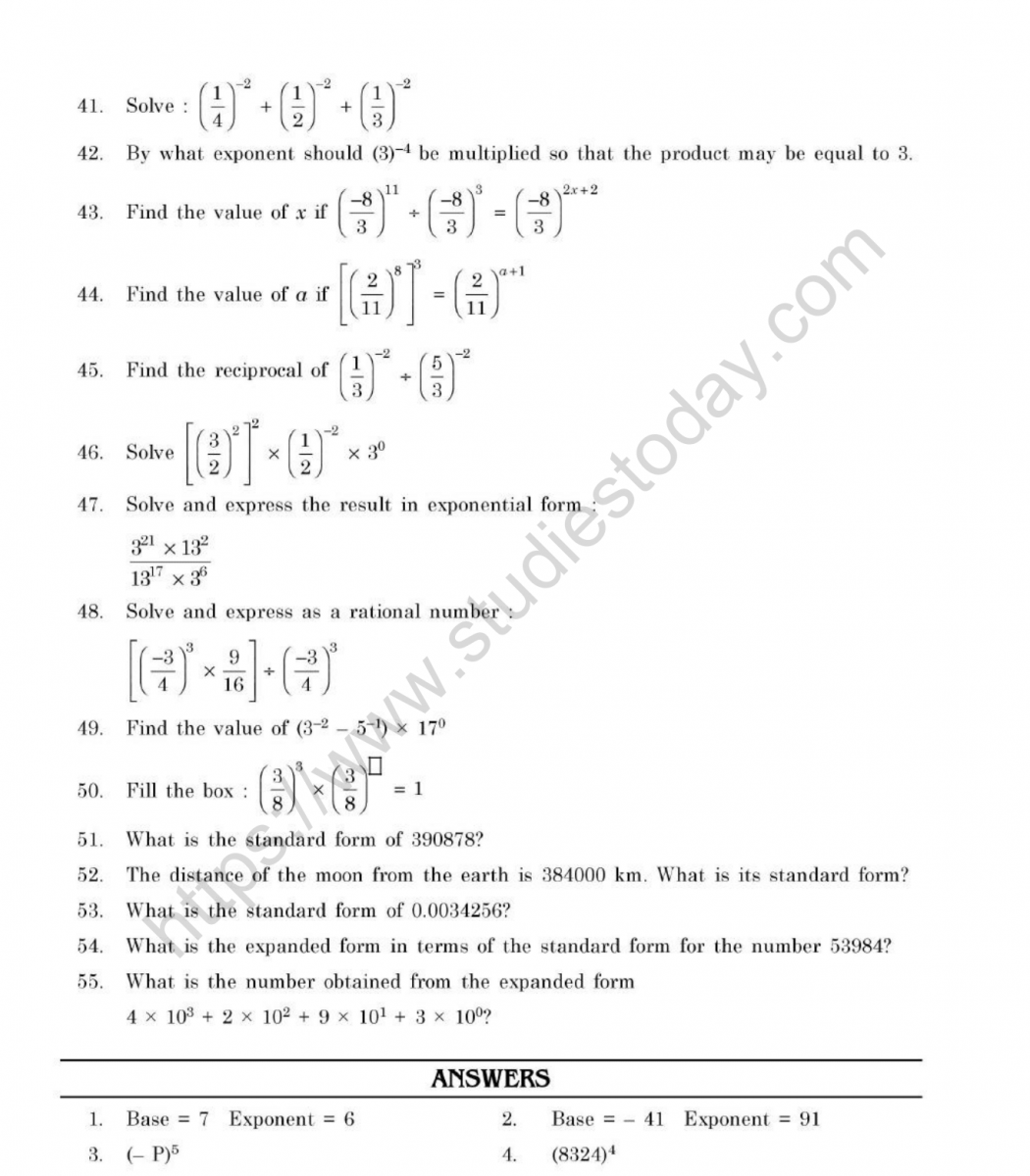 cbse class 7 mental maths exponents and powers worksheet