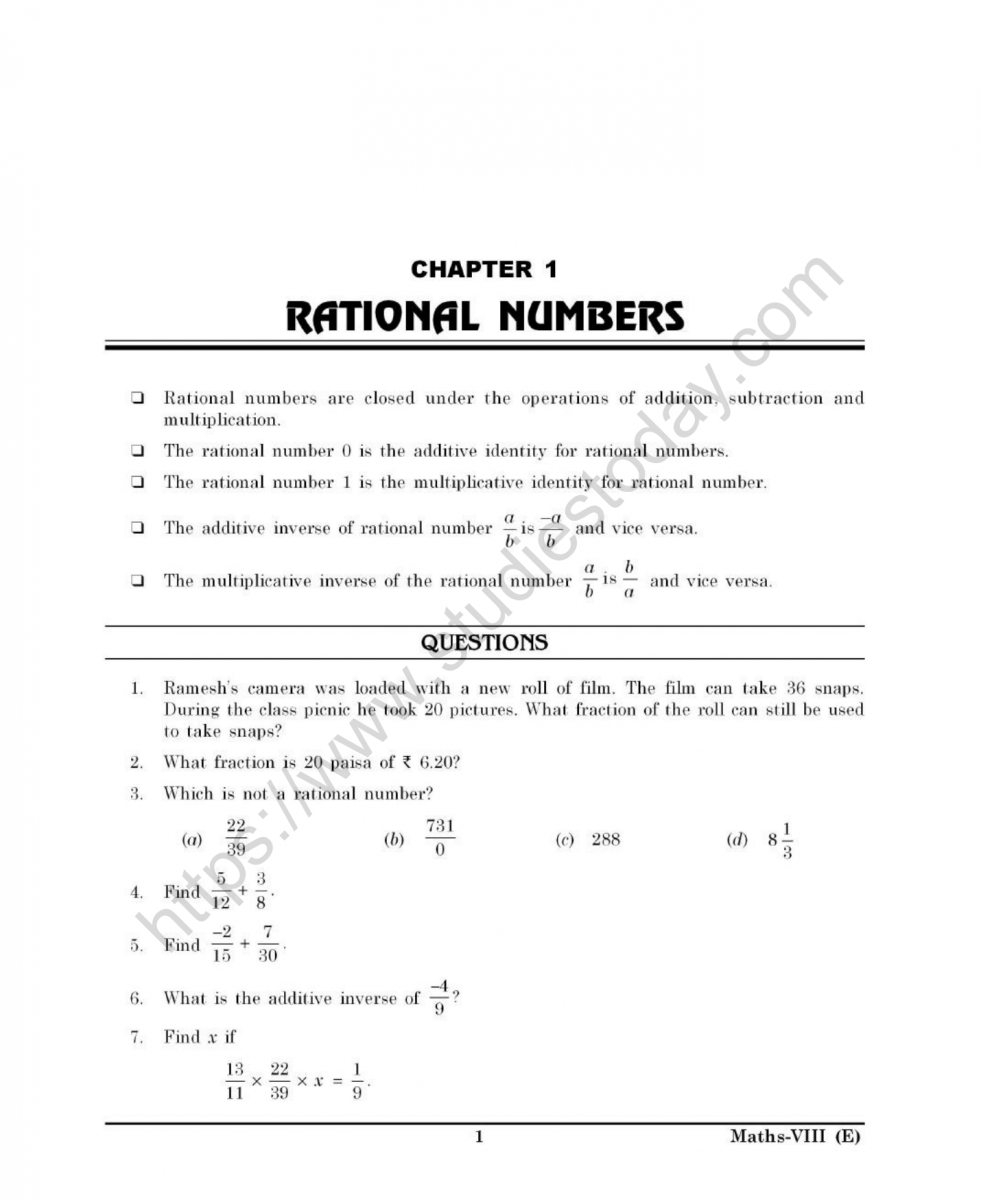 CBSE Class 8 Mental Maths Rational Numbers Worksheet