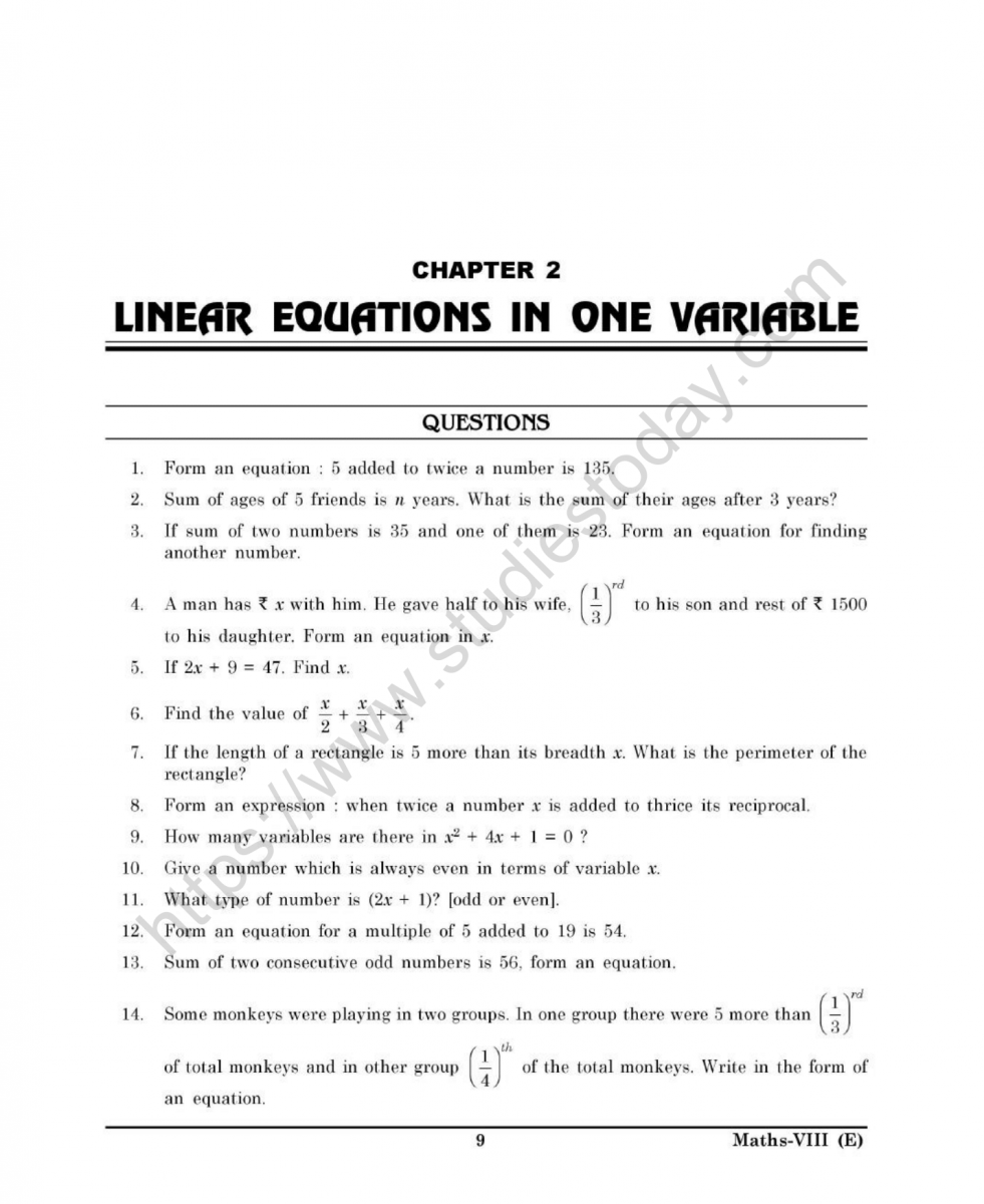 CBSE Class 21 Mental Maths Linear Equations In One Variable Worksheet Pertaining To Solving Linear Equations Worksheet Pdf