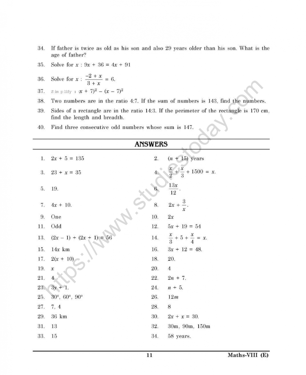 CBSE Class 22 Mental Maths Linear Equations In One Variable Worksheet With Linear Equation Worksheet Pdf