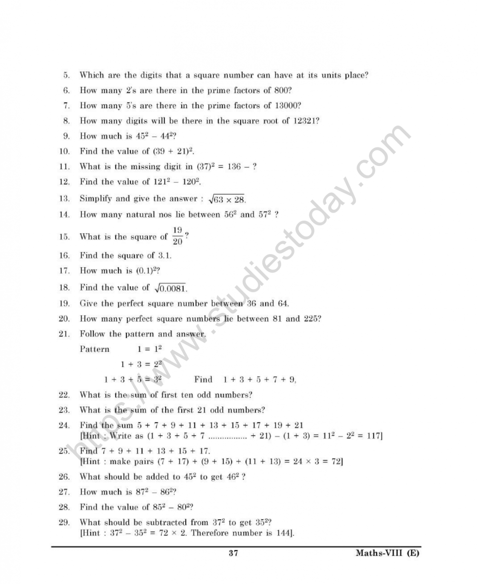 CBSE Class 8 Mental Maths Squares And Square Roots Worksheet