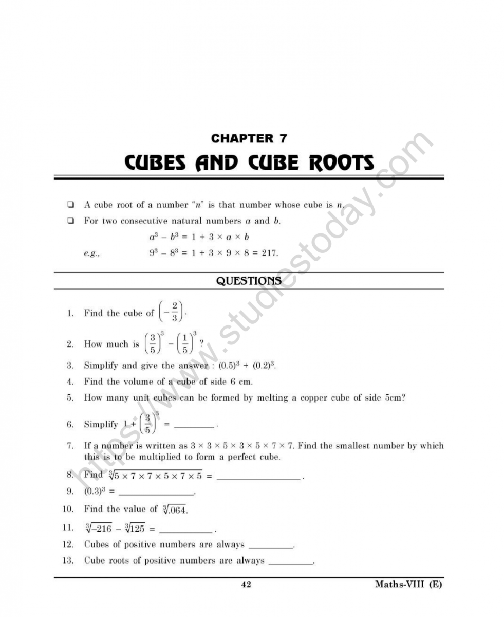 CBSE Class 25 Mental Maths Cubes And Cube Roots Worksheet For Square And Cube Roots Worksheet