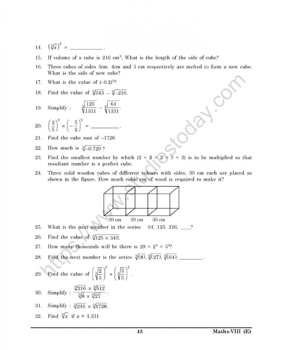 CBSE Class 21 Mental Maths Cubes And Cube Roots Worksheet Within Simplifying Cube Roots Worksheet