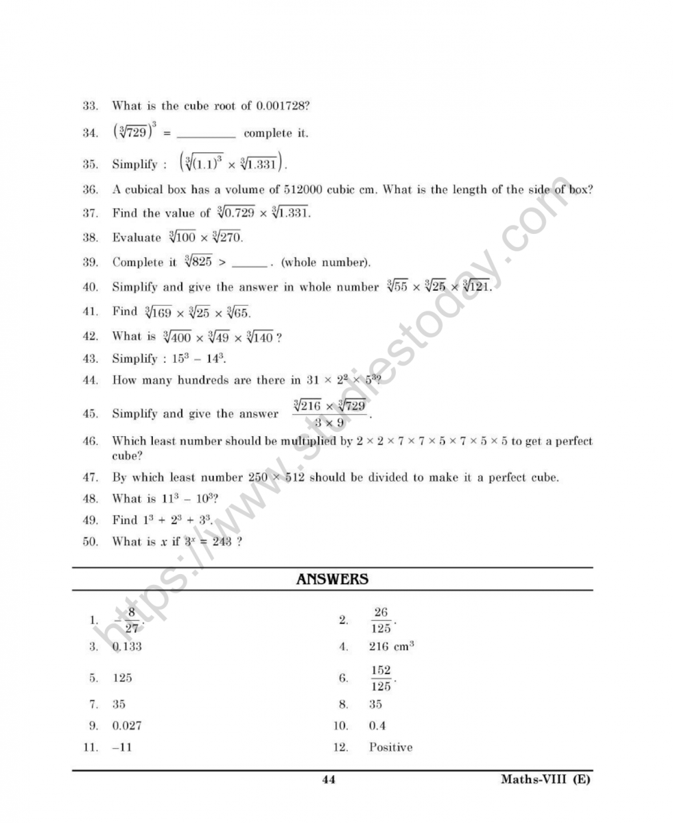 CBSE Class 22 Mental Maths Cubes And Cube Roots Worksheet Throughout Square And Cube Roots Worksheet