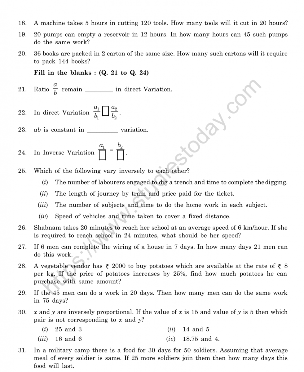 CBSE Class 20 Mental Maths Direct and Inverse Proportion Worksheet For Direct And Inverse Variation Worksheet