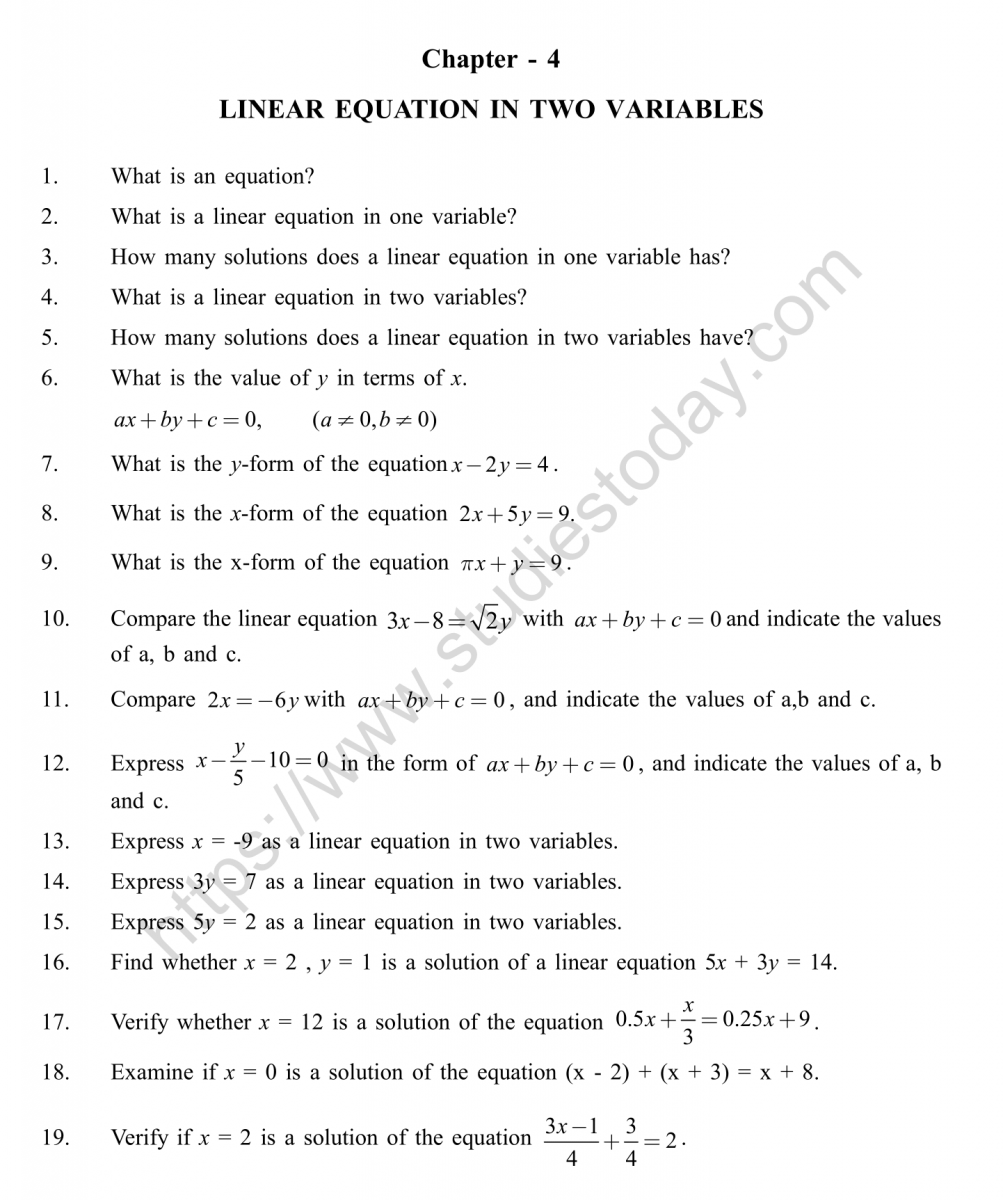 CBSE Class 25 Mental Maths Linear Equation In Two Variables Worksheet Throughout Linear Equation Worksheet Pdf