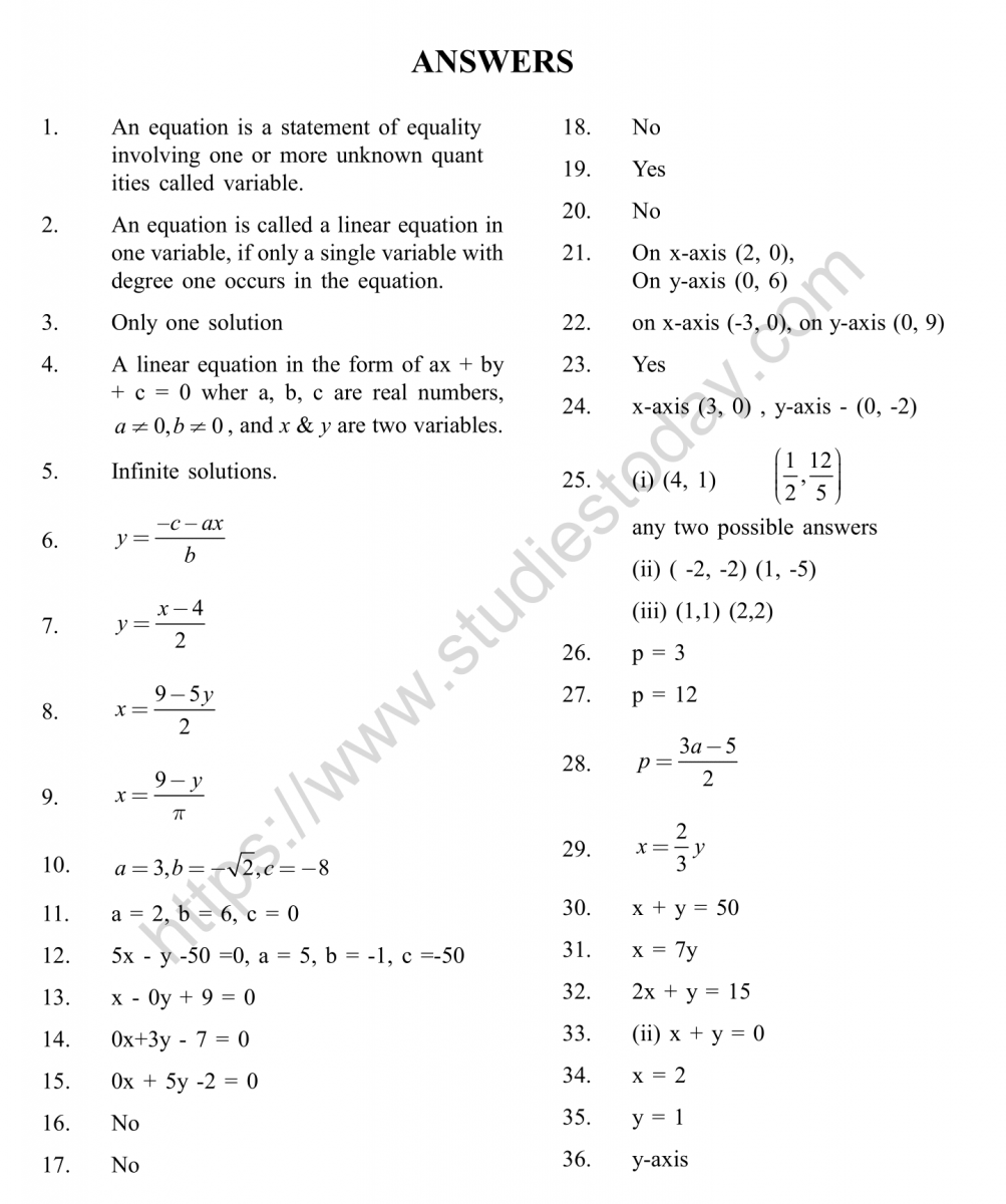 Cbse Class 9 Mental Maths Linear Equation In Two Variables Worksheet