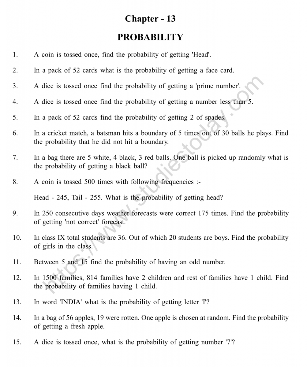 CBSE Class 22 Mental Maths Probability Worksheet For Simple Probability Worksheet Pdf