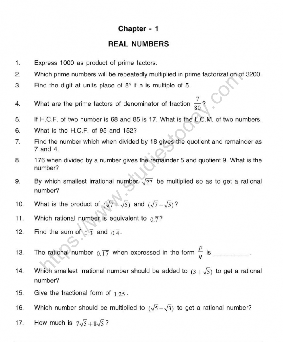 Cbse Class 10 Maths Real Numbers Worksheet