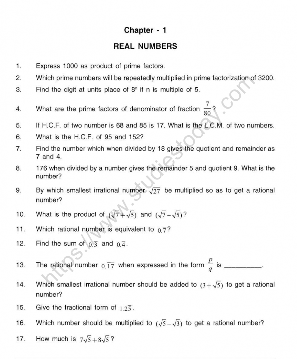 CBSE Class 10 Mental Maths Real Numbers Worksheet