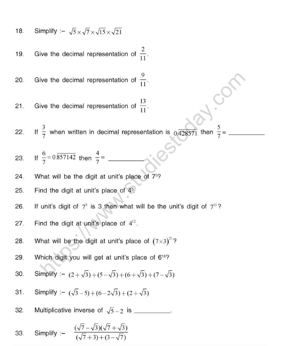 CBSE Class 21 Mental Maths Real Numbers Worksheet With The Real Number System Worksheet