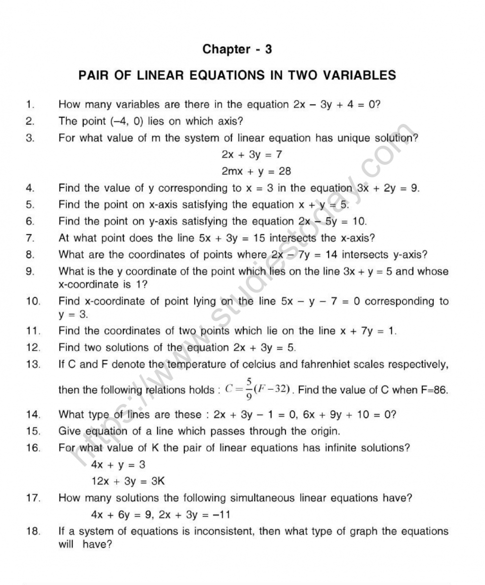 CBSE Class 25 Mental Maths Pair Of Linear Equations In Two With Regard To Linear Equation Worksheet Pdf