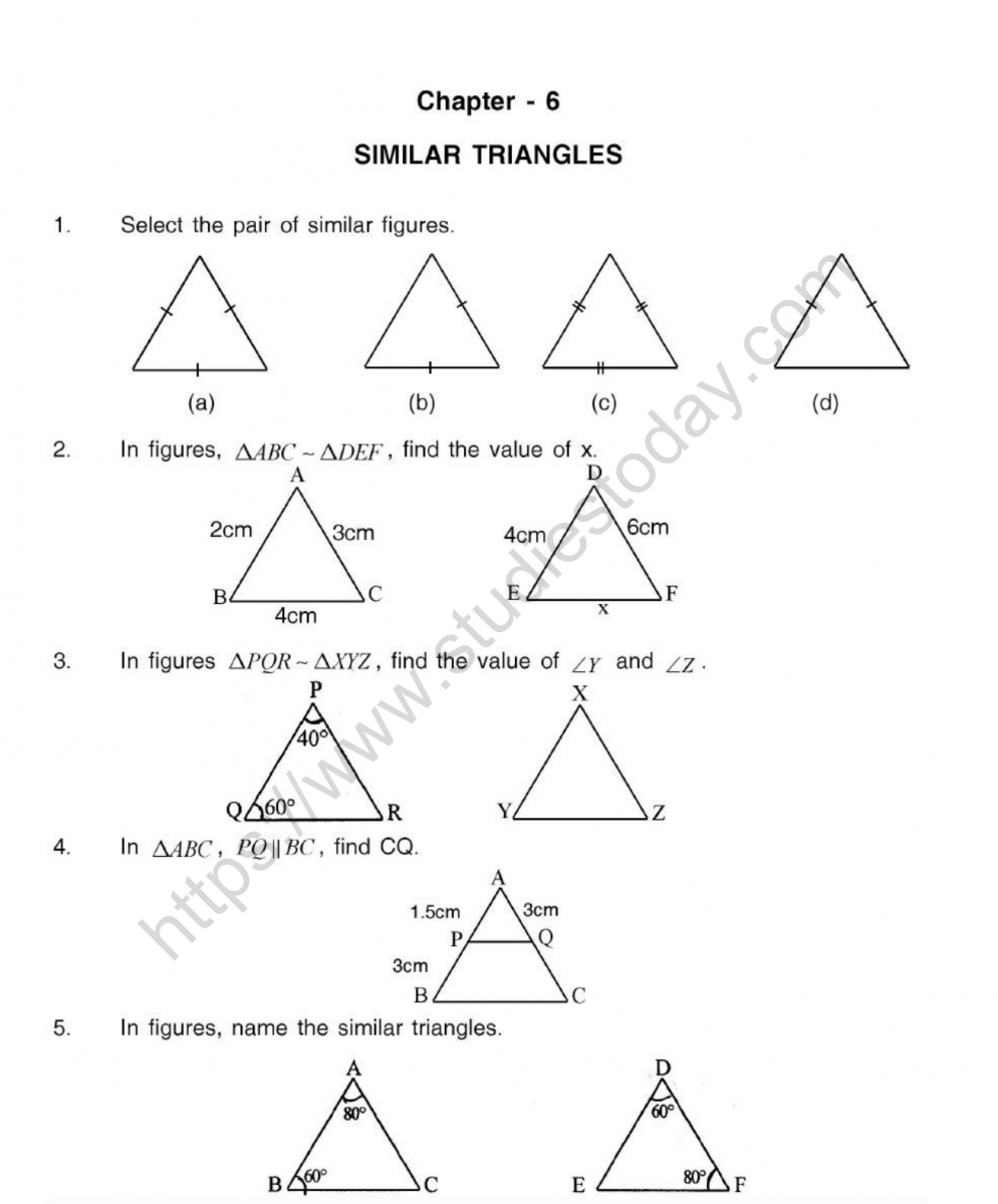 CBSE Class 10 Mental Maths Similar Triangles Worksheet