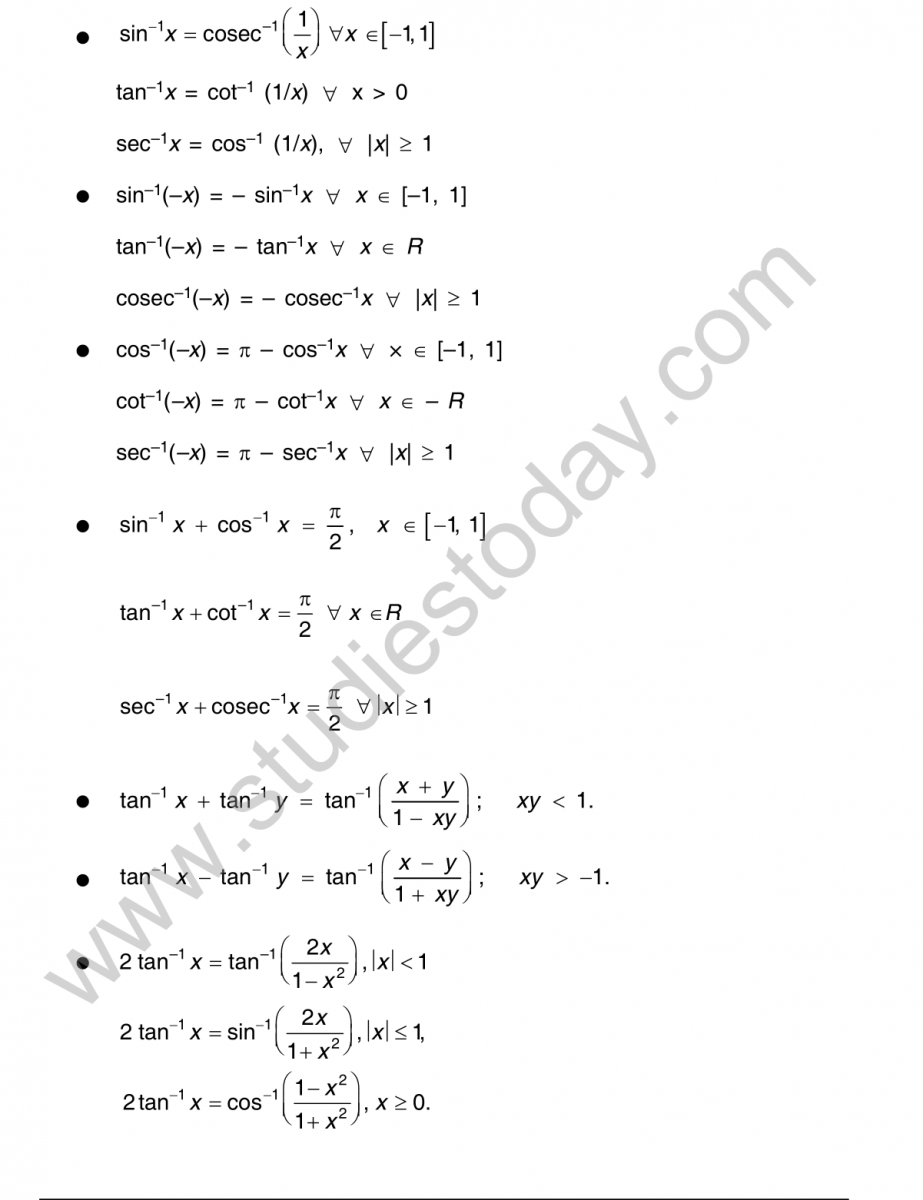 CBSE Class 21 Mathematics Inverse Trigonometric Functions For Inverse Trigonometric Functions Worksheet