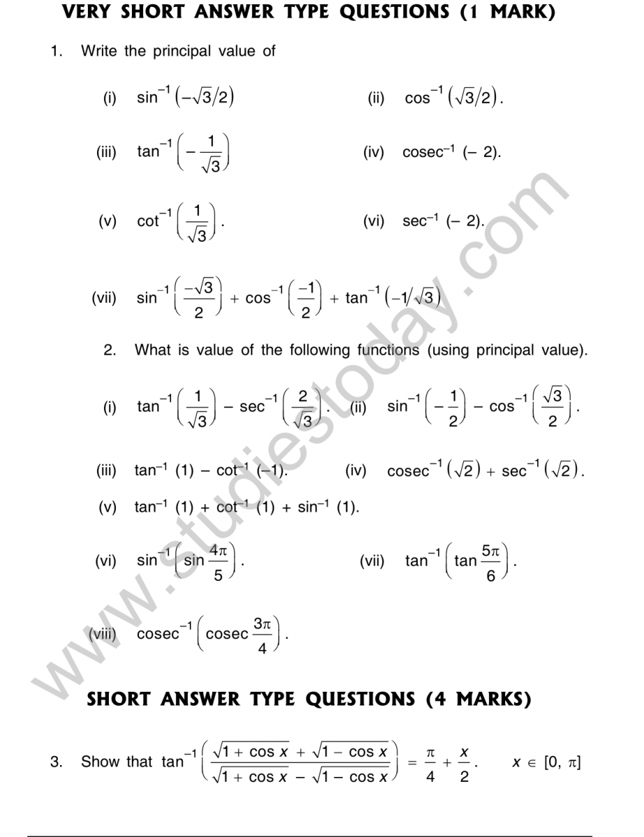CBSE Class 22 Mathematics Inverse Trigonometric Functions Intended For Inverse Trigonometric Functions Worksheet