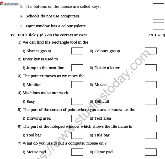 CBSE Class 1 Computer Practice Worksheet Set G