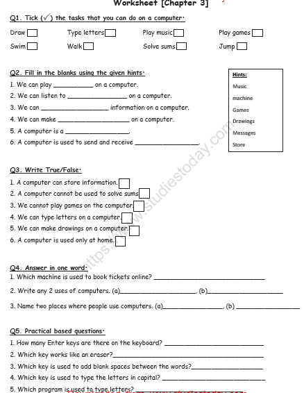 CBSE Class 1 Computer Science Worksheet - Uses of a Computer (1)