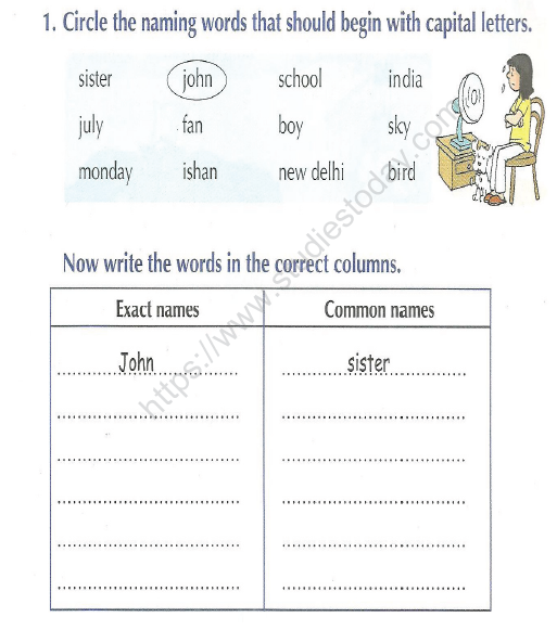 CBSE Class 1 English Worksheets (57) - Naming Words