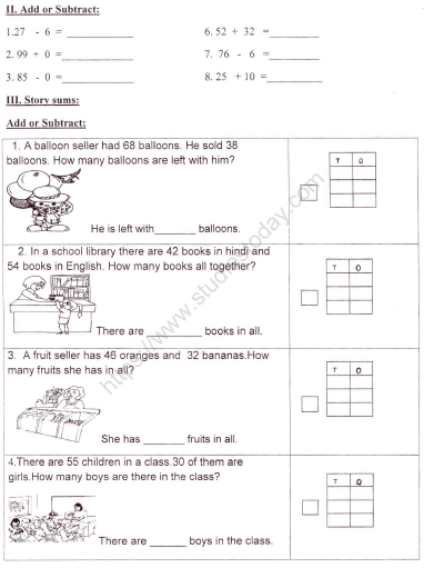 CBSE Class 1 Maths Practice Worksheets (18) - Addition and Subraction 2