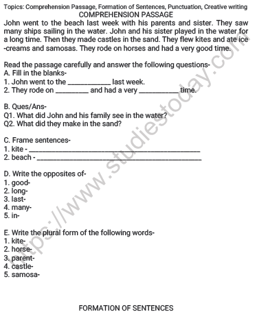 CBSE Class 2 English Revision Worksheet Set D