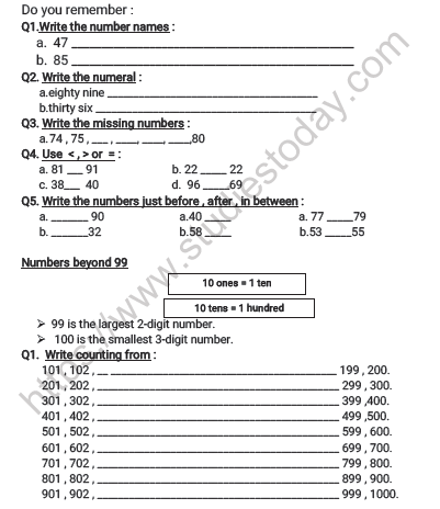 CBSE Class 2 Maths Numbers upto 999 Worksheet