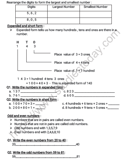 CBSE Class 2 Maths Numbers upto 999 Worksheet