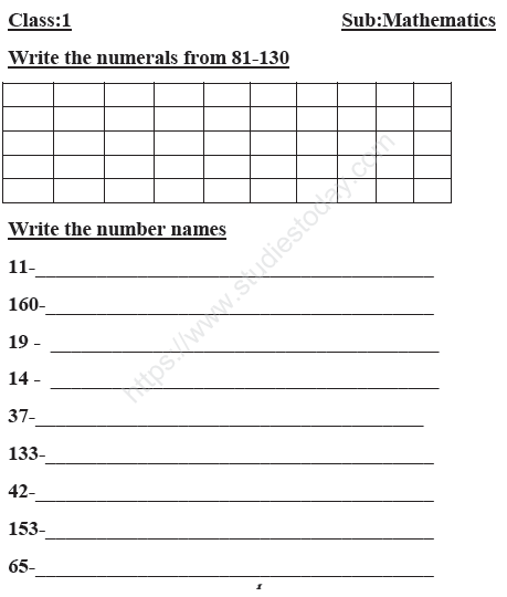 CBSE Class 1 Mathematics Sample Paper Set A