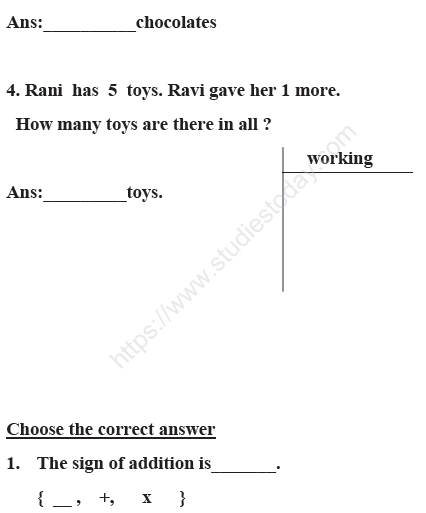 CBSE Class 1 Mathematics Sample Paper Set A