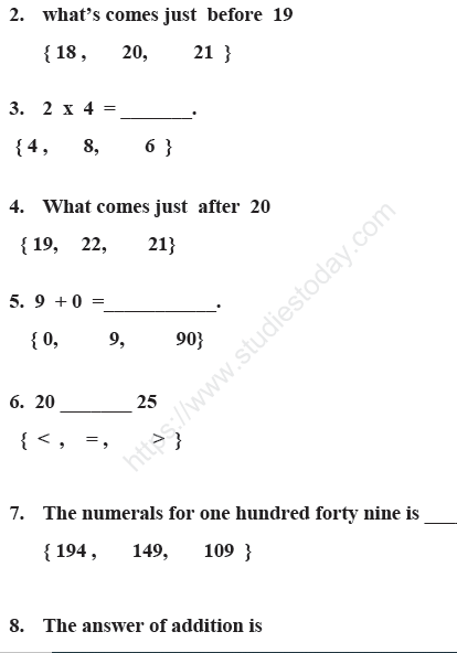 CBSE Class 1 Mathematics Sample Paper Set A