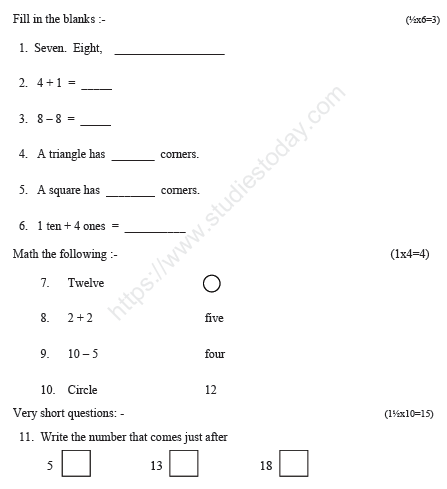 CBSE Class 1 Mathematics Sample Paper Set B