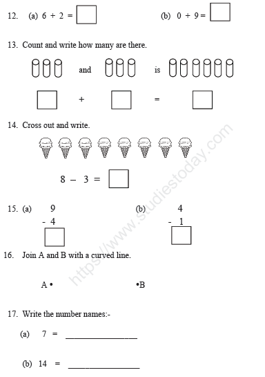 CBSE Class 1 Mathematics Sample Paper Set B