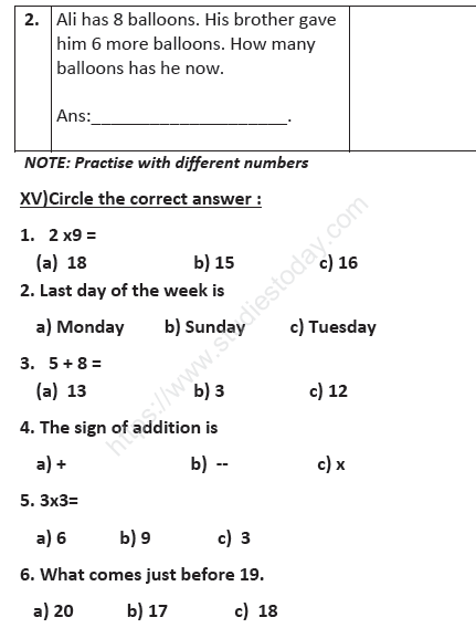 CBSE Class 1 Mathematics Sample Paper Set C