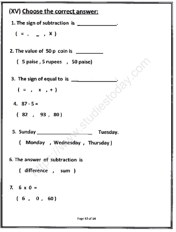 CBSE Class 1 Mathematics Sample Paper Set G