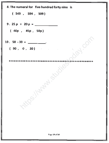 CBSE Class 1 Mathematics Sample Paper Set G