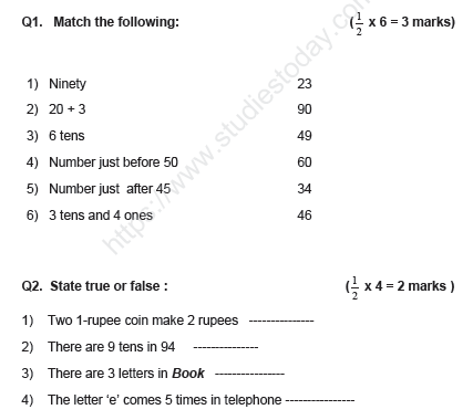 CBSE Class 1 Mathematics Sample Paper Set H
