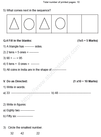 CBSE Class 1 Mathematics Sample Paper Set H