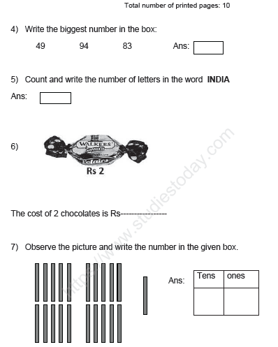 CBSE Class 1 Mathematics Sample Paper Set H