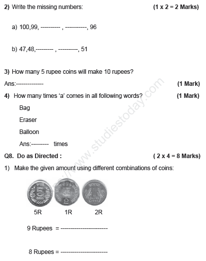 CBSE Class 1 Mathematics Sample Paper Set H