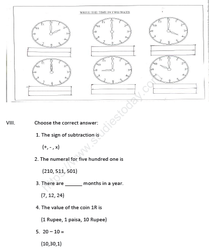 CBSE Class 1 Mathematics Sample Paper Set J