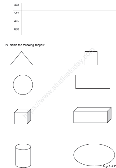 CBSE Class 1 Mathematics Sample Paper Set J