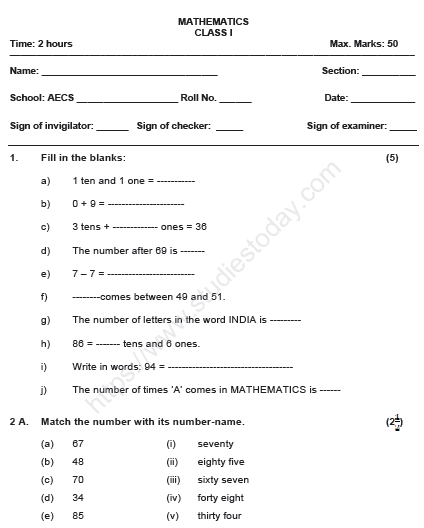 CBSE Class 1 Mathematics Sample Paper Set K